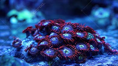 purple zoanthus grow on live rock, fluorescent soft coral polyp move tentacle in strong flow, nano reef marine aquarium, popular