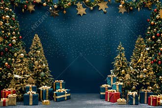 A beautiful Christmas background featuring elegantly decorated Christmas trees with golden garlands