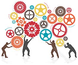 Silhouette Men Turning and Pushing Cogs