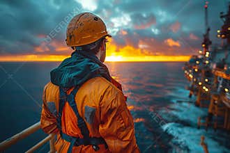 Offshore oil rig operator monitoring production process at sea for routine recording