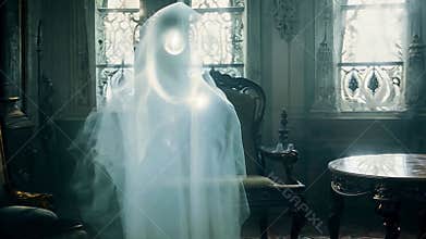 A ghostly apparition floats through a Victorian style room in a haunted building