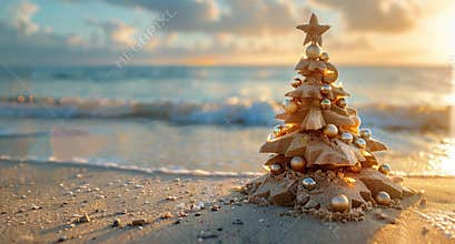 Sandcastle Christmas Tree on Beach at Sunset