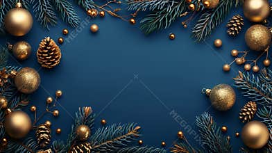 Elegant Christmas background with golden ornaments, pine cones, and evergreen branches on a blue backdrop. Perfect for holiday