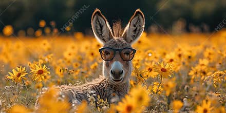 Donkey Wearing Glasses in Flower Field