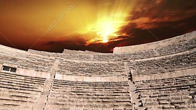 Roman Theatre in Amman, Jordan . Against the sunset. 4K, time lapse