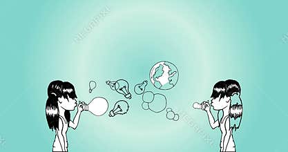 Animation of girls blowing light bulb and earth balloons