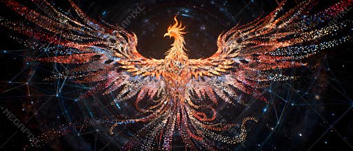 Digital illustration of a fiery golden phoenix bird made of glowing particles with spread wings on dark tech background