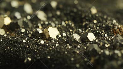 Close Up Of Pyrite Mineral With Black Crystals on Black Surface Geological Sample Revealing Metallic Luster and