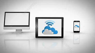 Media devices showing cloud computing graphic with wifi symbol