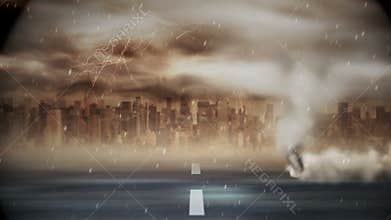 Tornado blowing over road during storm