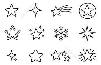Hand drawn line art star and sparkle icon set featuring various celestial shapes, a shooting star, and a snowflake for Christmas