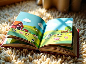 Open Children's Picture Book with Farm Animals Illustration