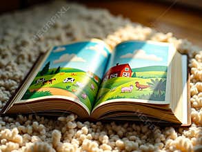 Open Children's Picture Book with Farm Animals Illustration