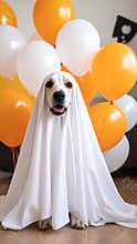 Dog dressed as a ghost with orange and white balloons for Halloween celebration