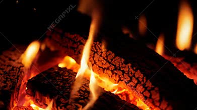 Flames dance on wood logs in the fireplace during a cold night Generative AI