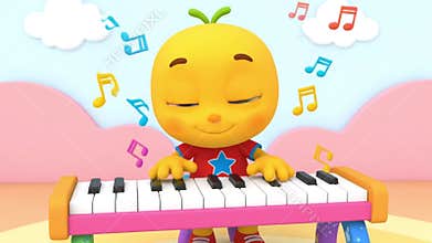 Cartoon Character Playing Keyboard with Music Notes
