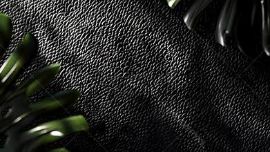 Close-up of a textured black leather surface with green tropical leaves at the edges