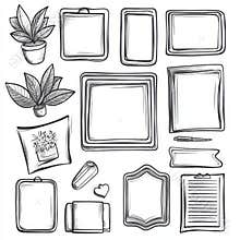 A set of hand-drawn paper stickers, photo frames, and picture borders, image in a doodle sketch style with squiggly and