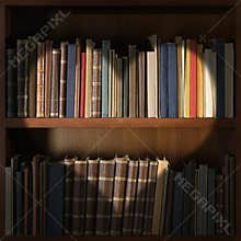 Library bookshelf with heart shape light beam