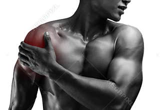 young muscular man with shoulder pain , isolated on white background, monochrome photo