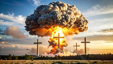 Dramatic explosion with cross silhouettes in a field at sunset