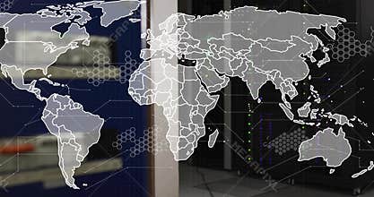 Displaying faint world map overlay in server room with hex patterns, circuit lines, racks, LEDs