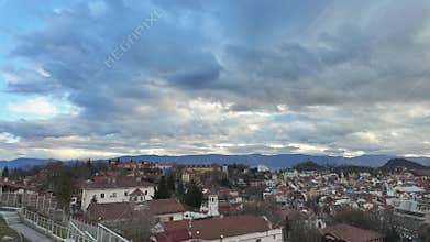 Sunset cityscape of Plovdiv city from Nebet Tepe hill, Bulgaria