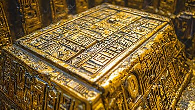 Intricate Golden Ancient Artifact Covered with Mysterious Hieroglyph Carvings Evoking Historical Discovery and Hidden Treasure