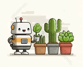 A robot and a child jointly plant, working for a greener future
