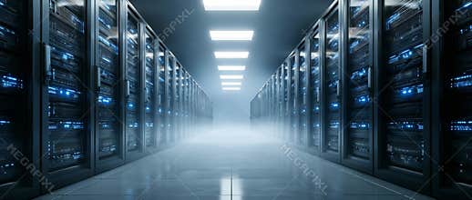 Futuristic data center corridor with blue server lights