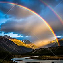Dramatic double rainbow arches over sunlit mountain peaks and winding river valley landscape