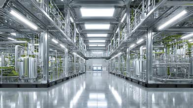 Stainless steel industrial hydrogen production hall with pipes and tanks, clean reflective floor and bright skylights conveying