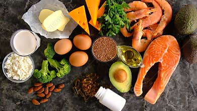 Foods containing vitamin D and omega 3. Selective focus. Food.
