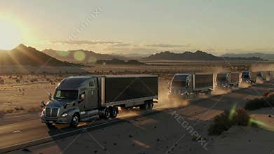 Convoy of Trucks Driving Through Desert at Sunset