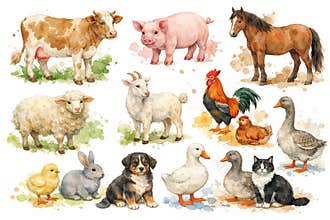 SET - Watercolor farm animal collection featuring cow, pig, horse, sheep, goat, rooster, duck, cat, dog, chick, rabbit for rustic