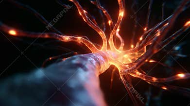Intricate Visualization of a Neuron's Axon with Dynamic Electric Activity, Showcasing the Spark of Neural Communication and