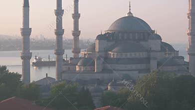 Blue Mosque And Minarets Over Bosphorus In Istanbul At Sunrise