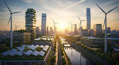 Sustainable cityscape with wind turbines and solar panels at sunrise