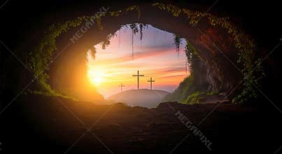 three crosses on a hill at sunrise through a cave entrance