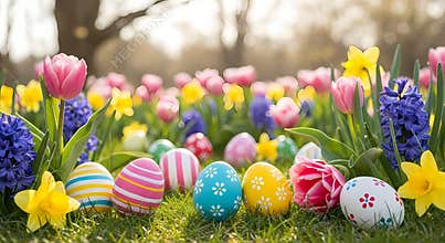 Colorful Easter eggs in grass with blooming flowers