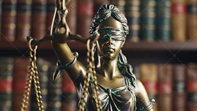 A showcasing a close-up of the statue of justice in front of a blurred bookshelf in a law library with a focus on the