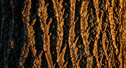 Close up of rough textured tree bark with golden light and mossy growth