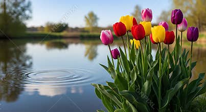Colorful tulips by serene lake with ripples on water surface