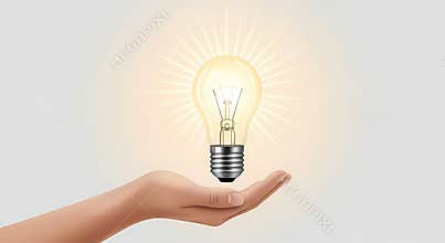 Hand holding light bulb with rays on white background