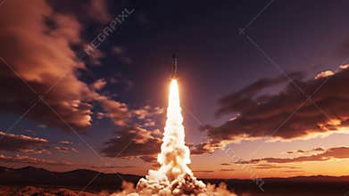Ballistic missile launching from a silo at nightfall with bright exhaust, tactical nuclear weapon concept, military threat, global