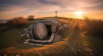 Easter resurrection scene with ancient stone tomb and cross at sunrise.
