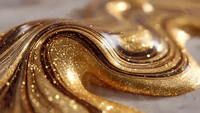 Golden liquid with sparkles on a white surface