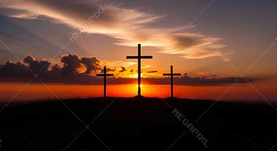 Three crosses on a hill at sunset with vibrant orange sky and clouds