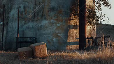 Hay bales resting against farm silo during sunset