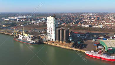 Drone orbit shot around a grain silo in Lowestoft, Suffolk, UK